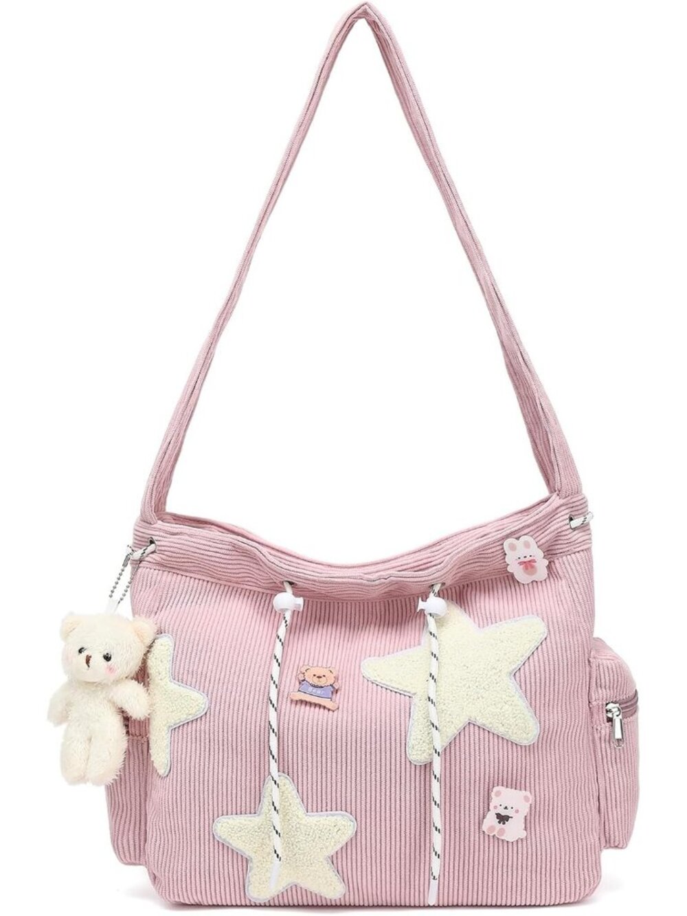 Women's Pink Zipper Kawaii Corduroy Star Crossbody Shoulder Purse